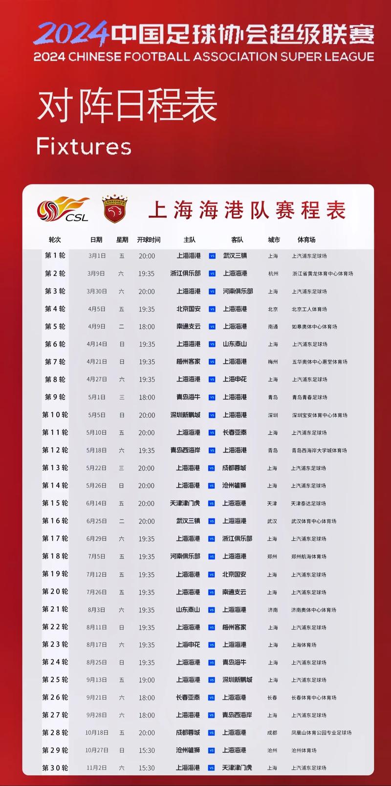 中超官方公布河南俱乐部对阵上海海港比赛时间，海港国脚赛程引关注
